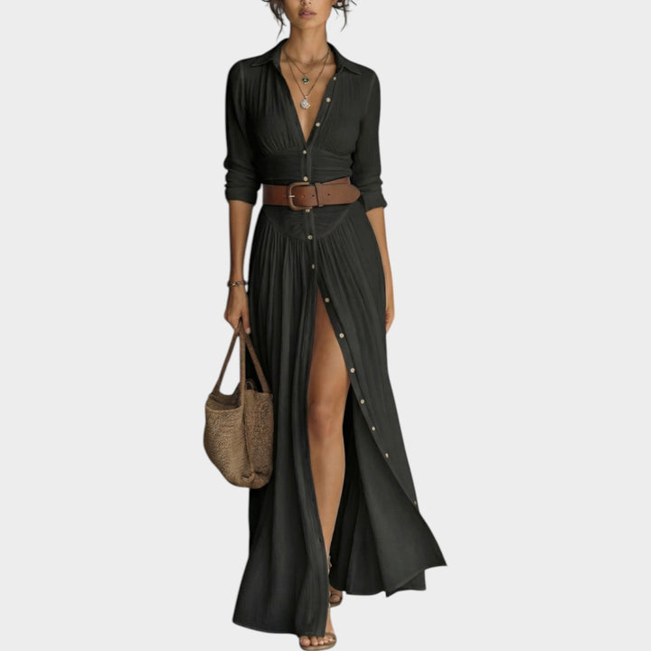 Women's Long-Sleeved Maxi Dress with Button Placket