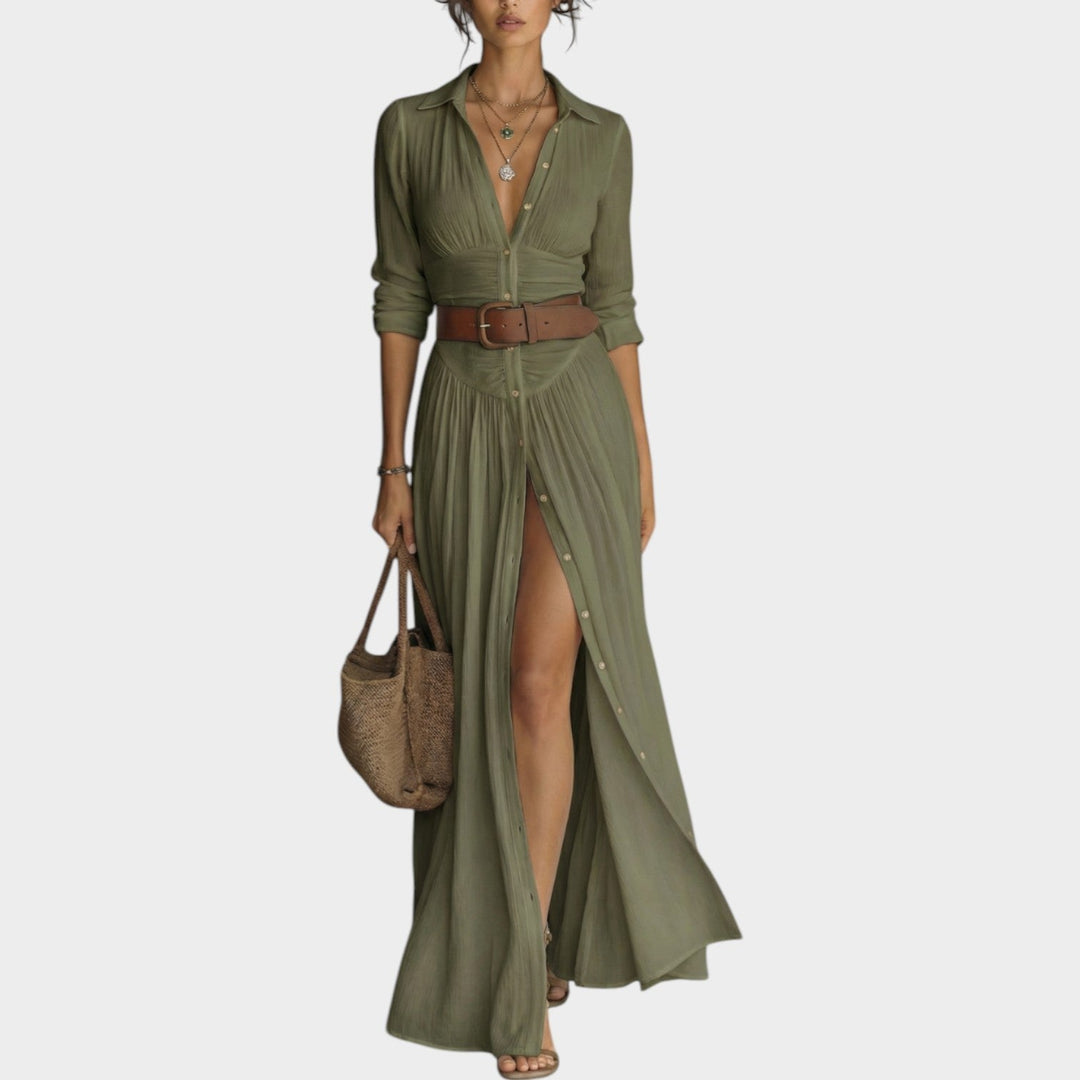 Women's Long-Sleeved Maxi Dress with Button Placket