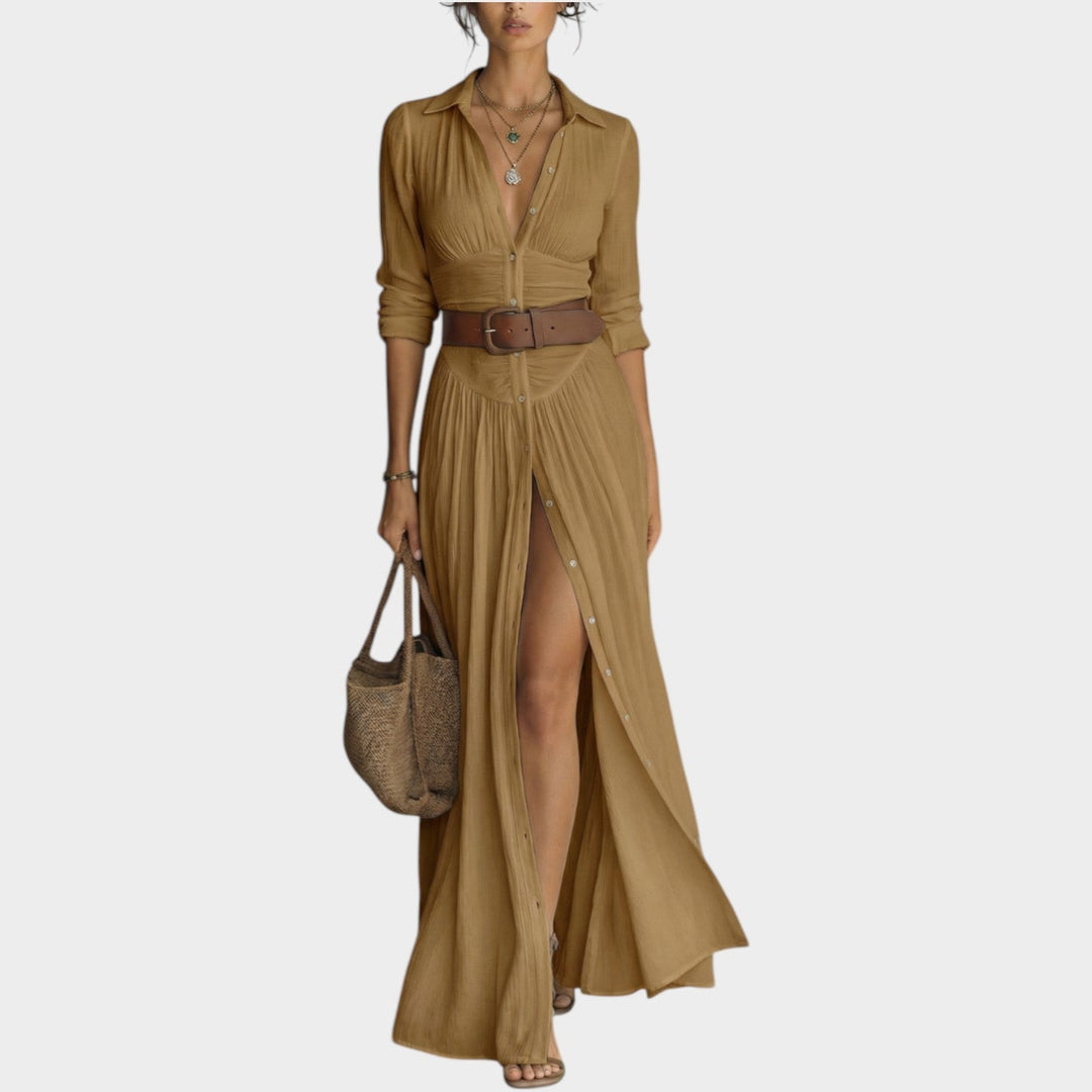 Women's Long-Sleeved Maxi Dress with Button Placket