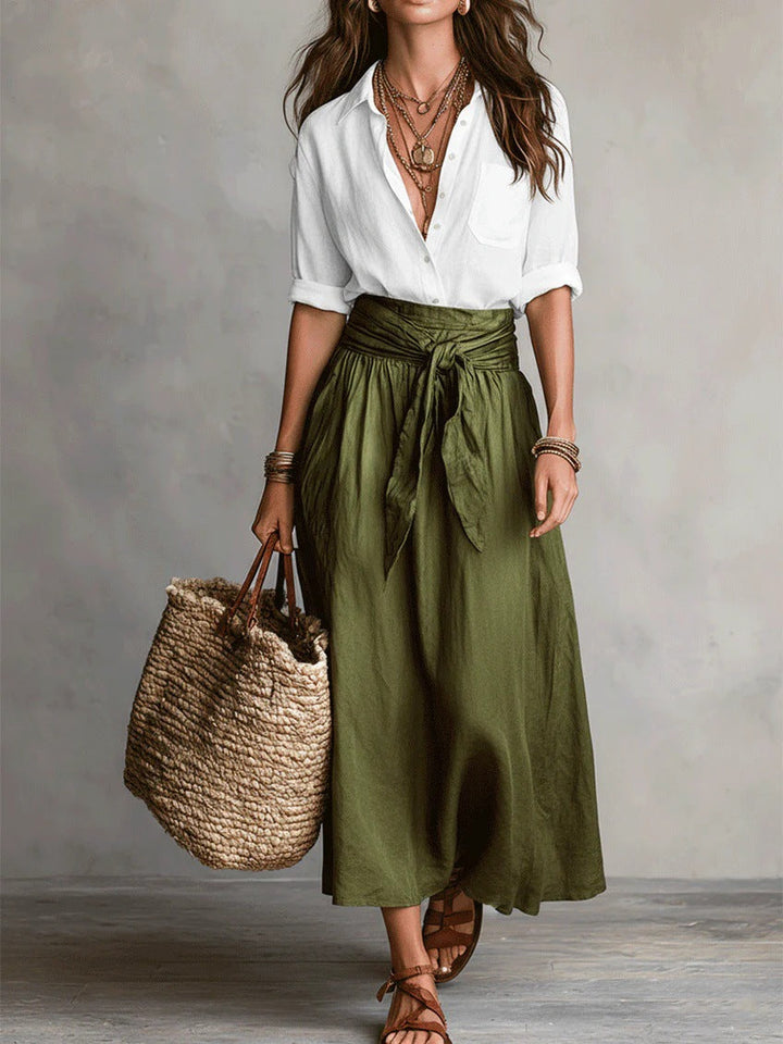 Women's Two-Piece Set: Black Top and Olive Green Midi Skirt