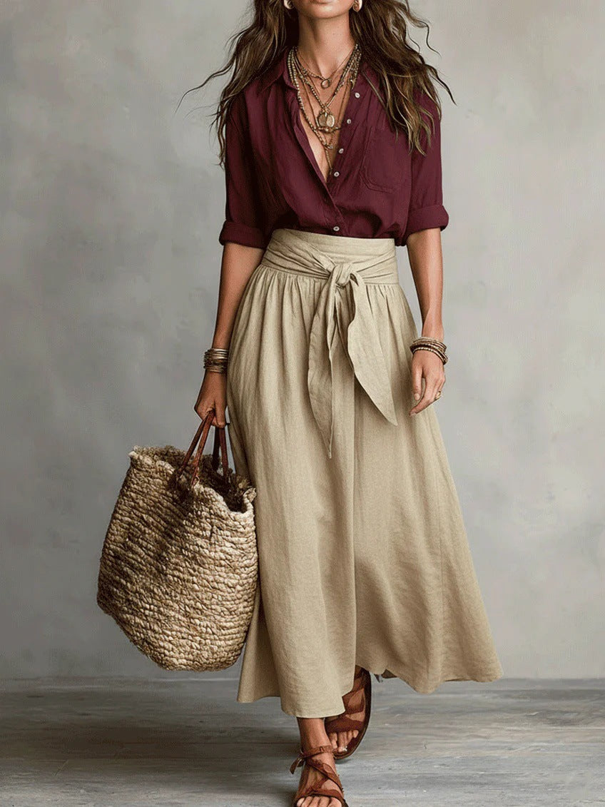 Women's Two-Piece Set: Black Top and Olive Green Midi Skirt