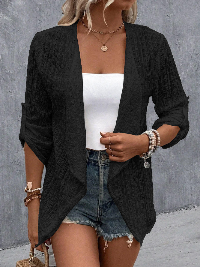 Women’s Cardigan – Crochet Knit – Open Front – Relaxed Fit – 3/4 Sleeve Layering