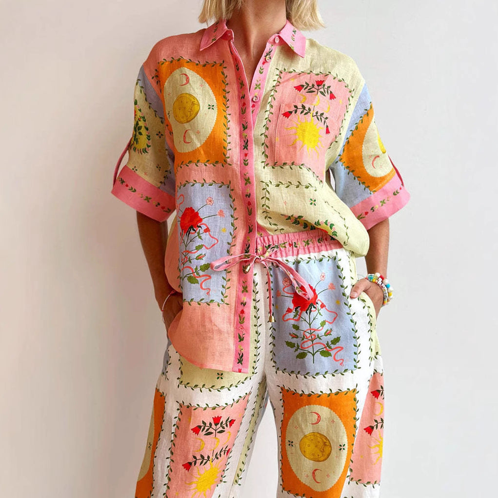 Women’s Linen Cardigan – Relaxed Fit – Short Sleeve – Button-Up Boho Artistic Print