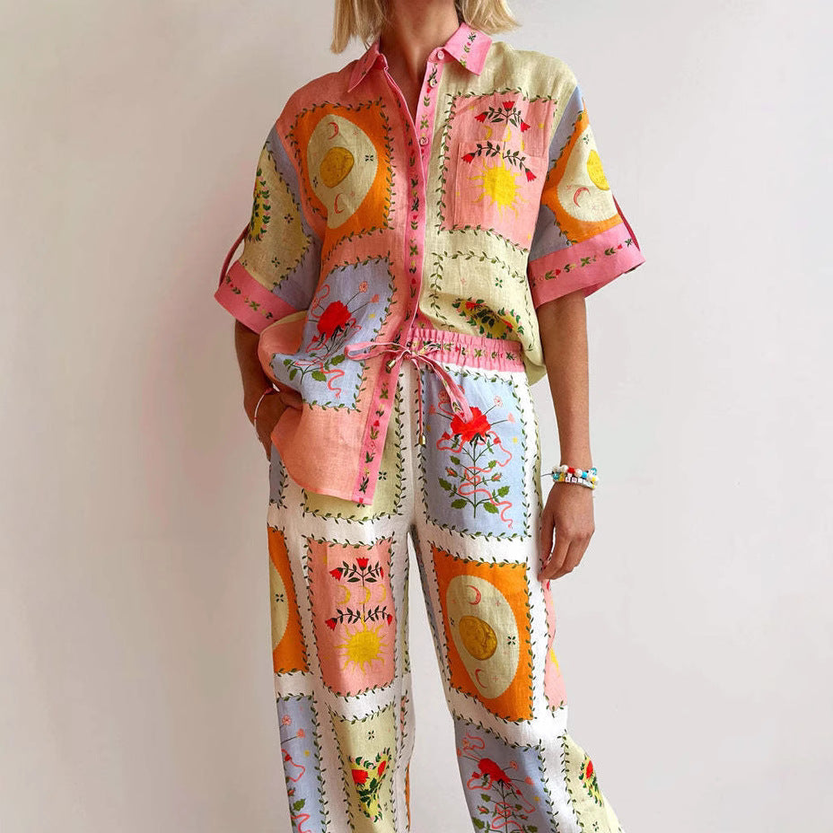 Women’s Linen Cardigan – Relaxed Fit – Short Sleeve – Button-Up Boho Artistic Print