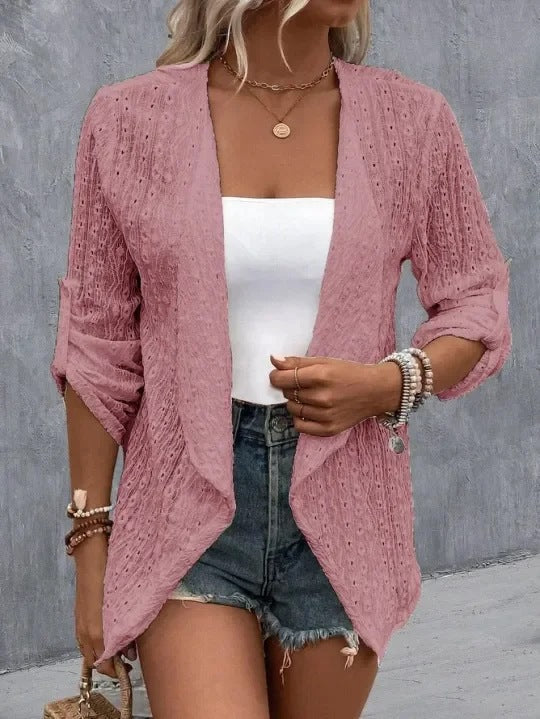 Women’s Cardigan – Crochet Knit – Open Front – Relaxed Fit – 3/4 Sleeve Layering