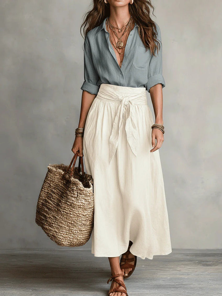 Women's Two-Piece Set: Black Top and Olive Green Midi Skirt