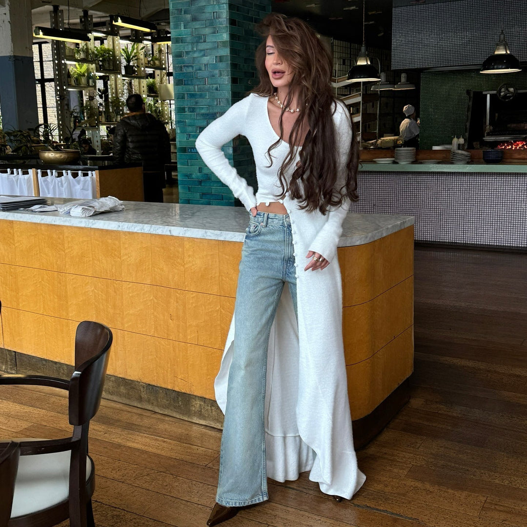 Women’s Knit Cardigan – Plush Fabric – Slim Fit – Button Front – Maxi Length