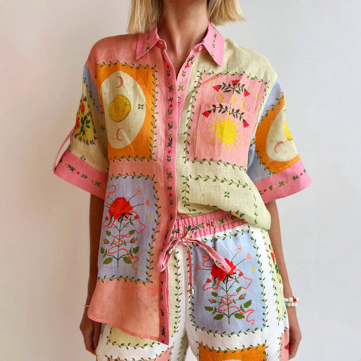 Women’s Linen Cardigan – Relaxed Fit – Short Sleeve – Button-Up Boho Artistic Print