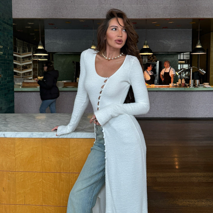 Women’s Knit Cardigan – Plush Fabric – Slim Fit – Button Front – Maxi Length