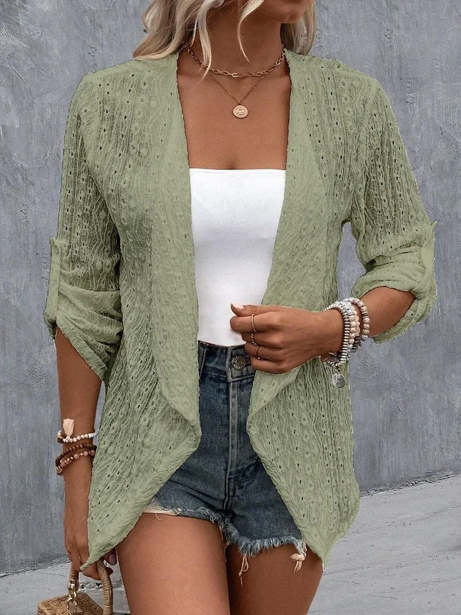 Women’s Cardigan – Crochet Knit – Open Front – Relaxed Fit – 3/4 Sleeve Layering