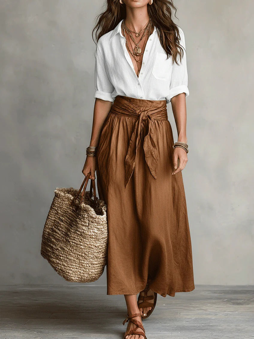 Women's Two-Piece Set: Black Top and Olive Green Midi Skirt