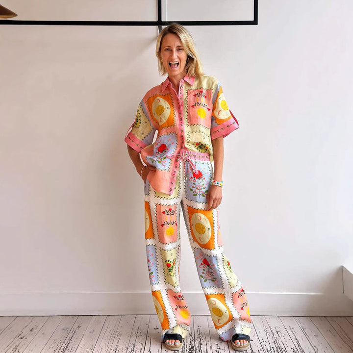 Women’s Linen Cardigan – Relaxed Fit – Short Sleeve – Button-Up Boho Artistic Print