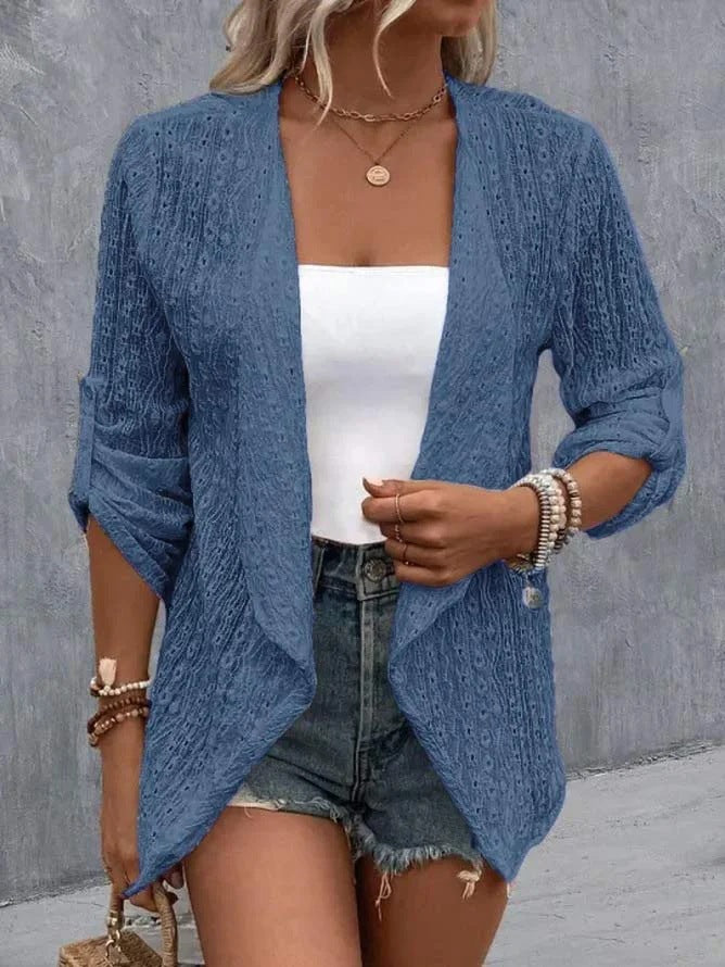 Women’s Cardigan – Crochet Knit – Open Front – Relaxed Fit – 3/4 Sleeve Layering