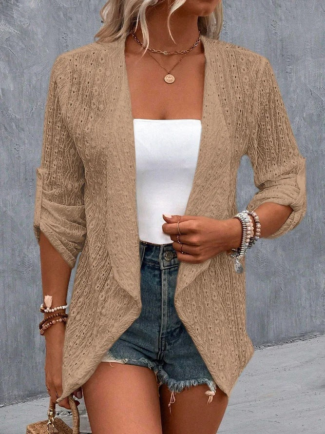 Women’s Cardigan – Crochet Knit – Open Front – Relaxed Fit – 3/4 Sleeve Layering