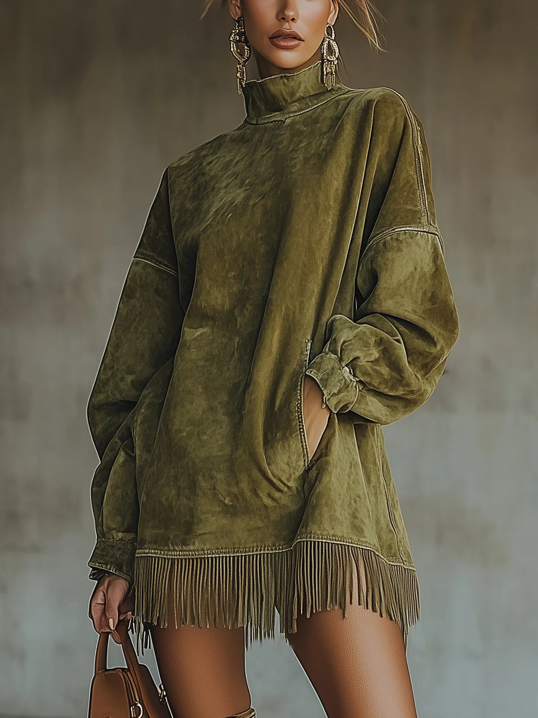Lila | Women's Faux Suede High-Neck Fringe Dress