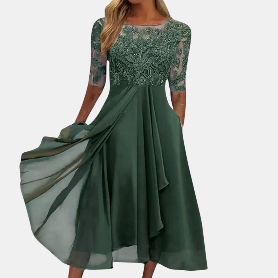 Women's Wedding Guest Flared Embroidered Dress