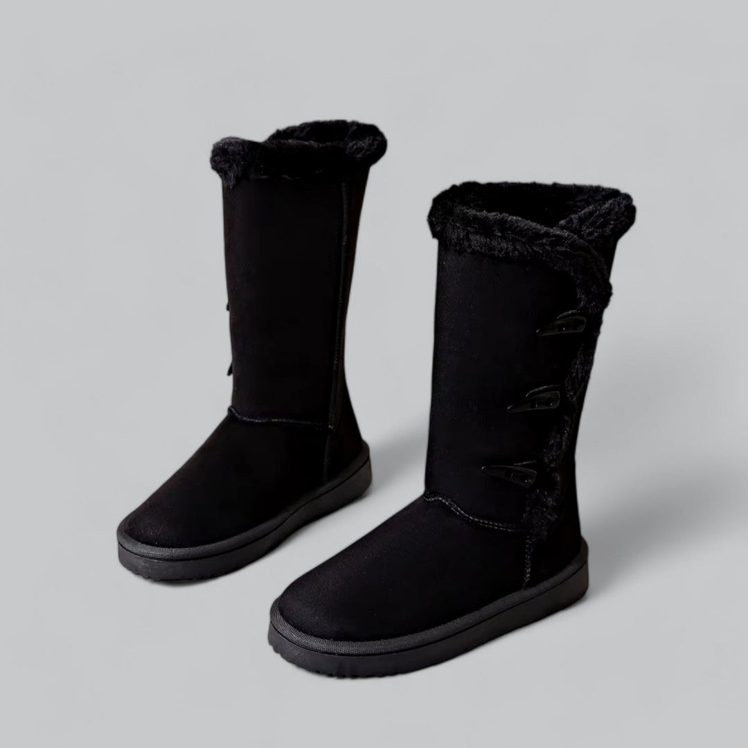 Women's casual mid-high snow boots with flat heel and horn buckle