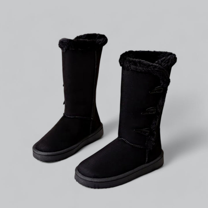 Women's casual mid-high snow boots with flat heel and horn buckle