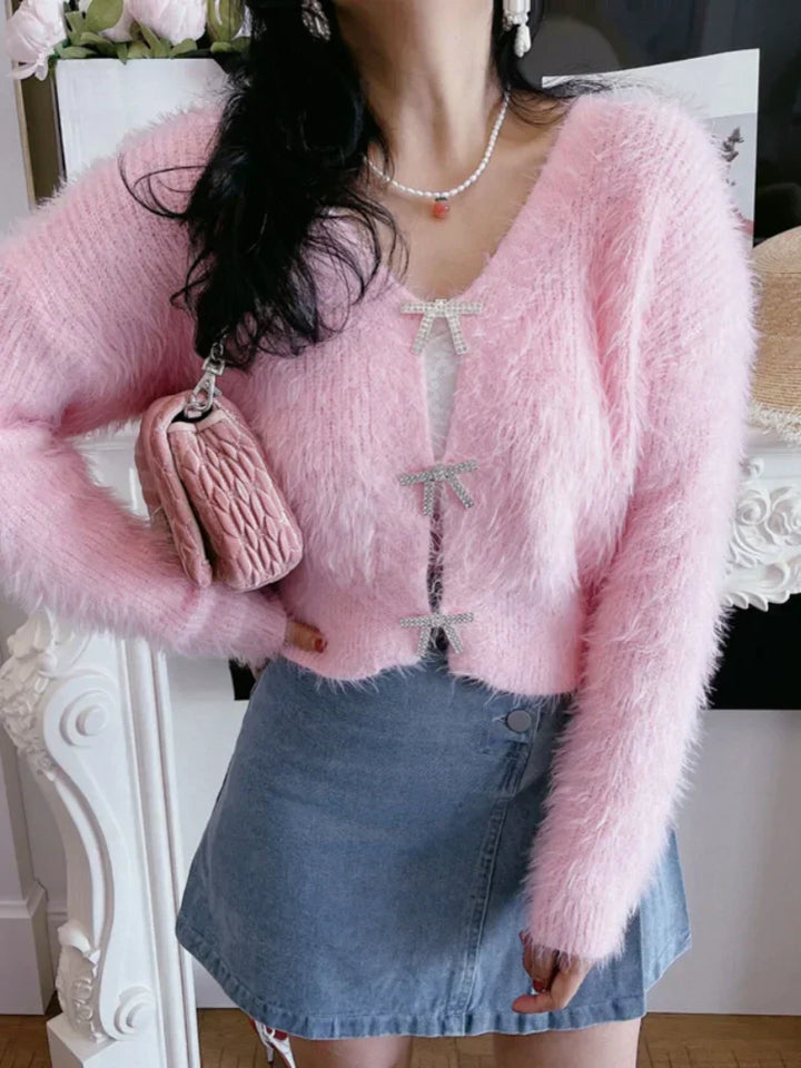 Women's cropped cardigan with bow-shaped crystal