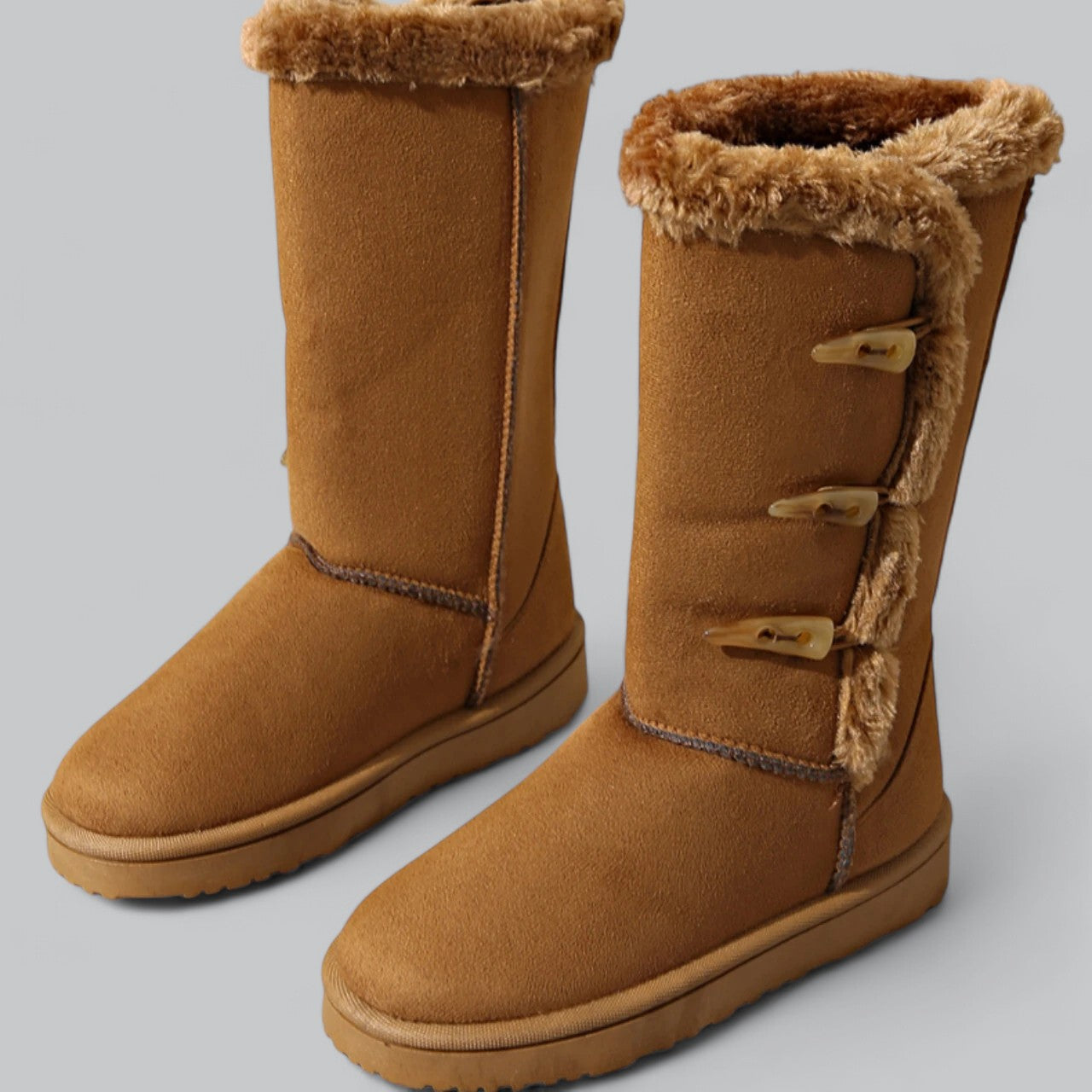 Women's casual mid-high snow boots with flat heel and horn buckle