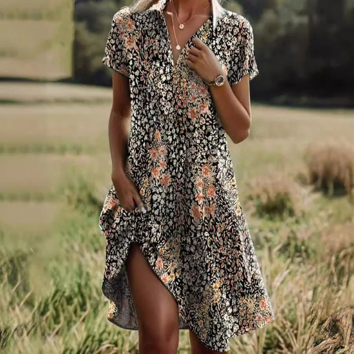 Carla™ | Stylish V-neck Buttoned Floral Dress