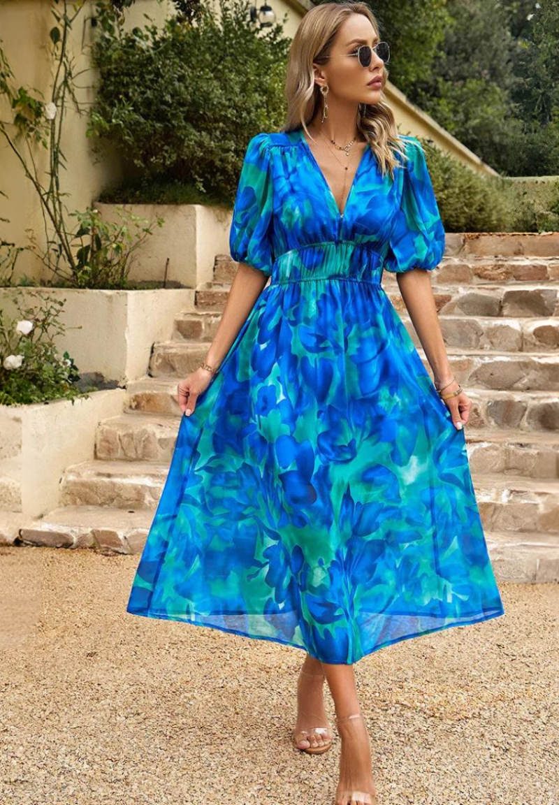 Monica | Floral Midi Dress with Puff Sleeves