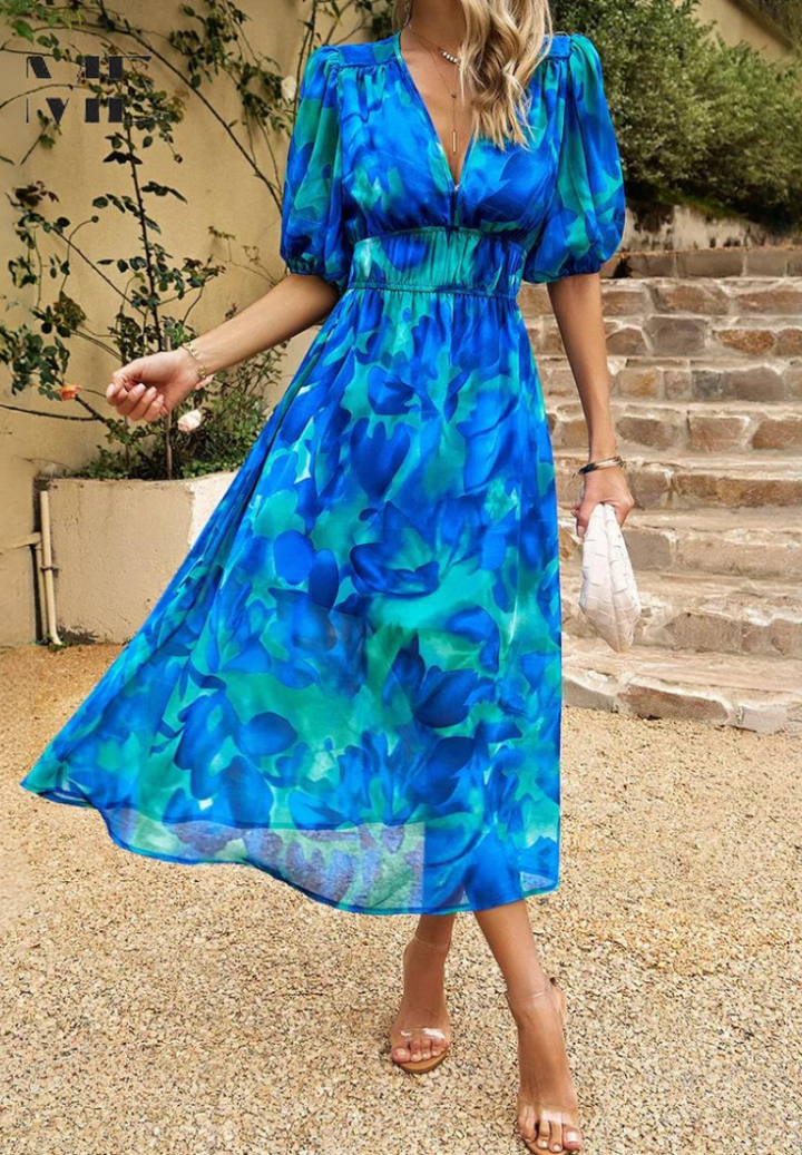 Monica | Floral Midi Dress with Puff Sleeves
