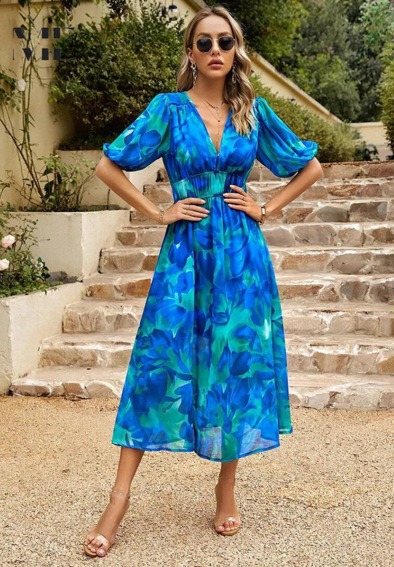 Monica | Floral Midi Dress with Puff Sleeves