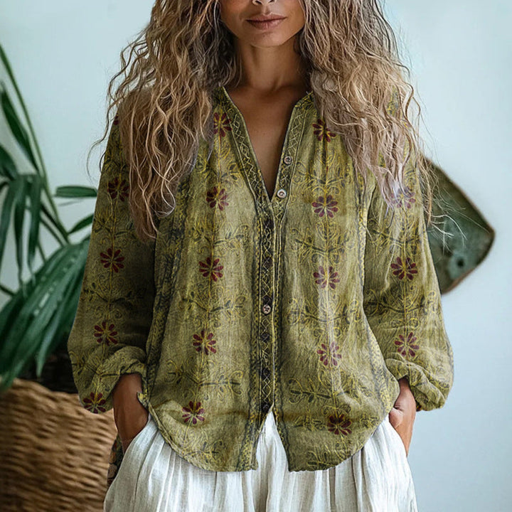 Women's Elegant Vintage Leaf Print Shirt