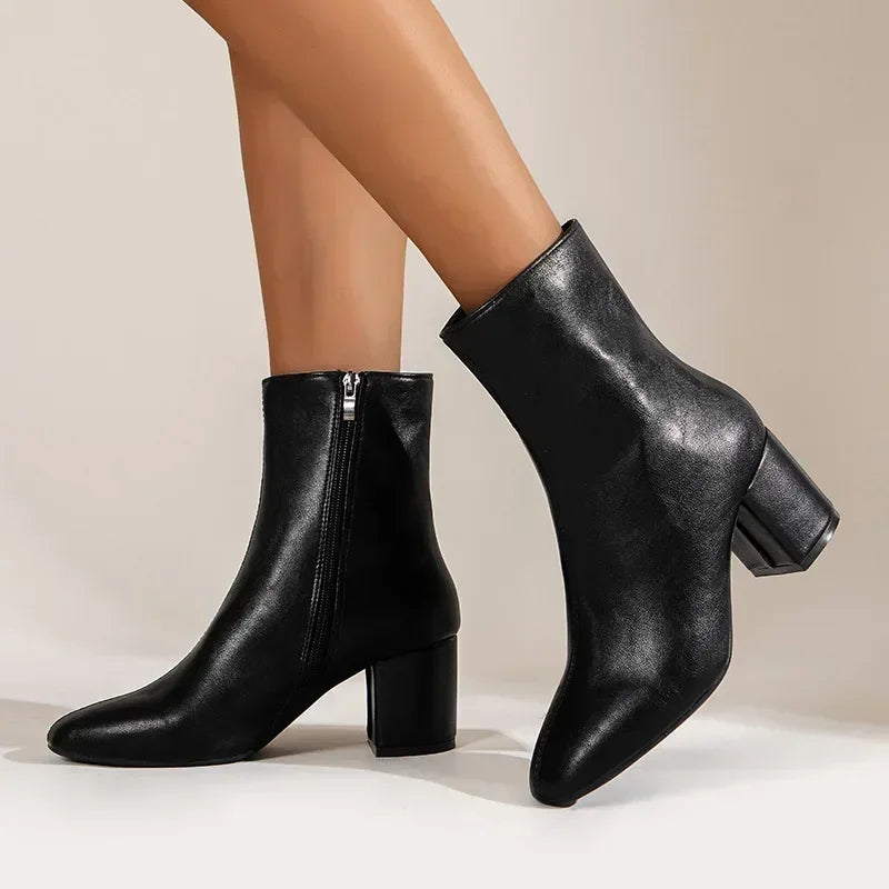 Women's Ankle Boots - Pointed Toe - Side Zipper - Stretch Fit - Mid Heel - Stylish Short Boot