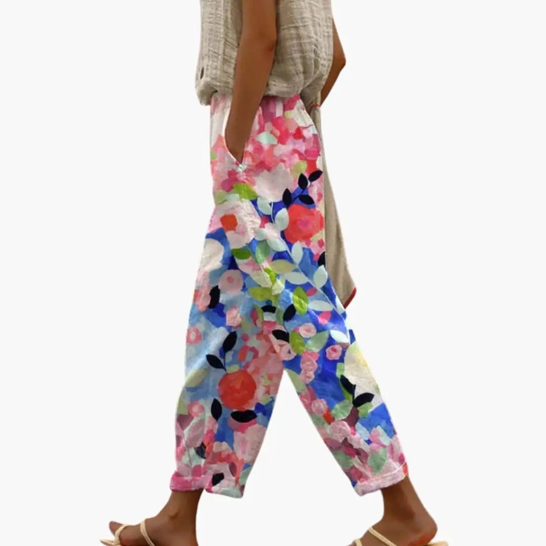 Women’s Wide Leg Floral Pants with Pockets – Pull-On Full-Length Trousers