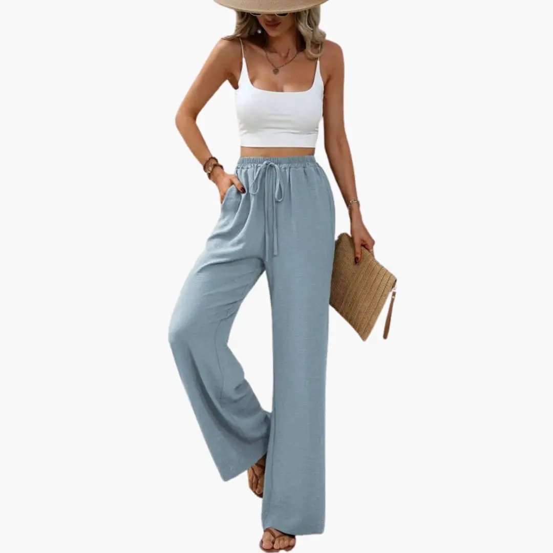 Women’s Wide Leg Summer Pants with Elastic Waist – Pull-On Full-Length Trousers