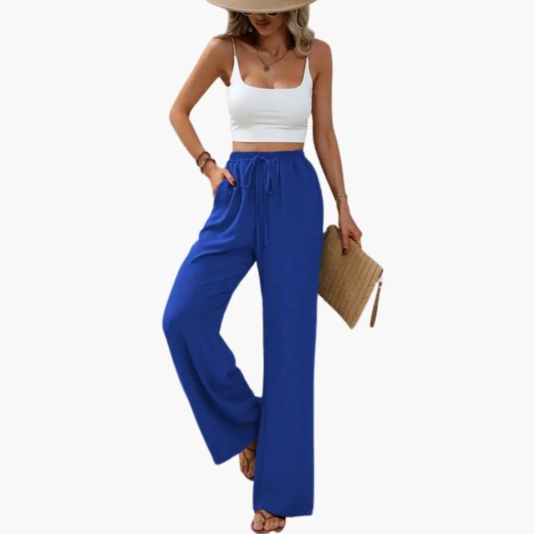 Women’s Wide Leg Summer Pants with Elastic Waist – Pull-On Full-Length Trousers