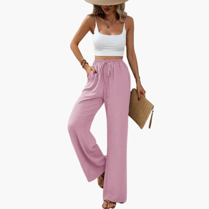 Women’s Wide Leg Summer Pants with Elastic Waist – Pull-On Full-Length Trousers