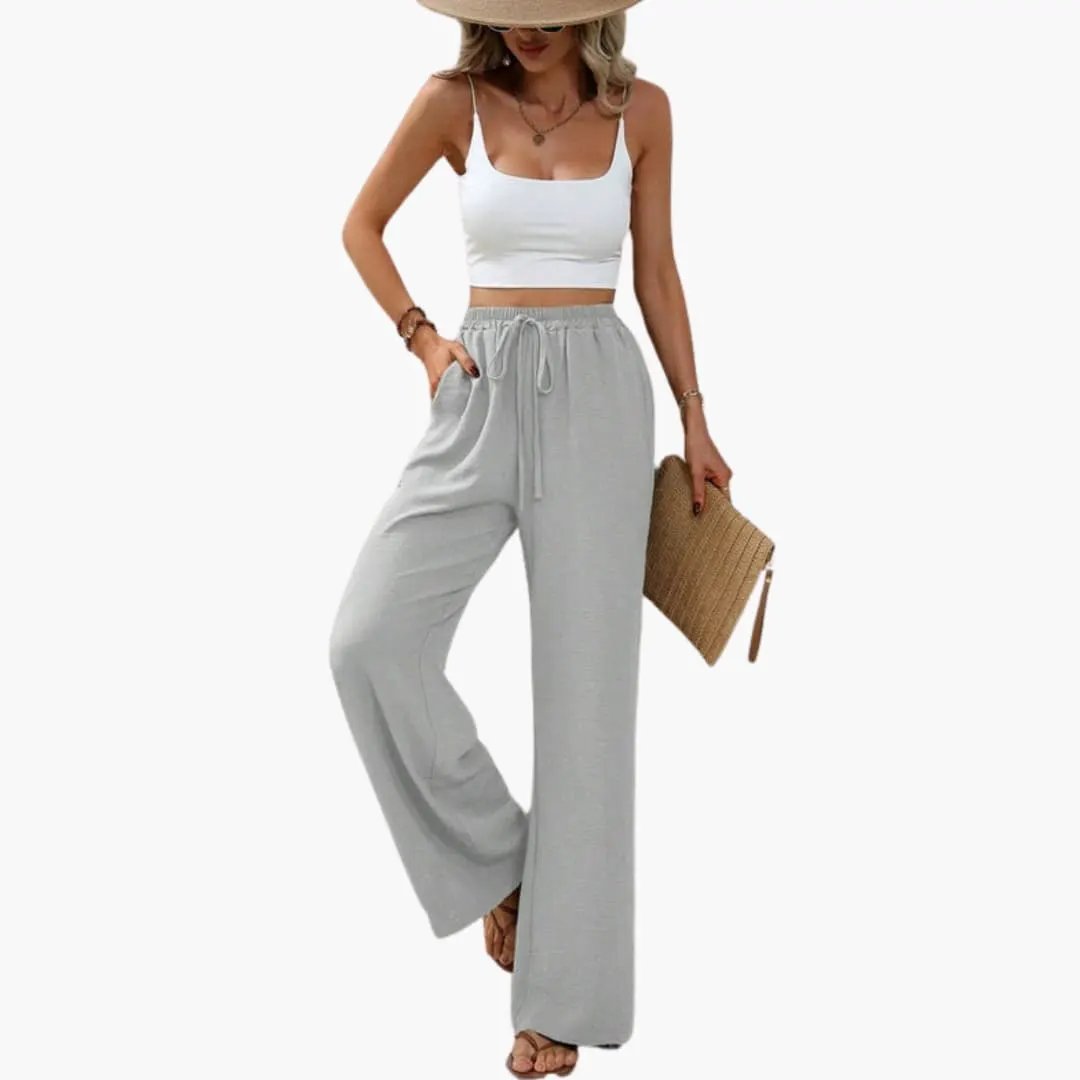 Women’s Wide Leg Summer Pants with Elastic Waist – Pull-On Full-Length Trousers