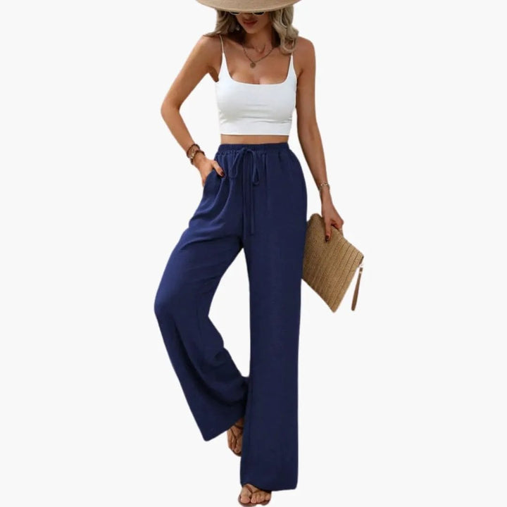 Women’s Wide Leg Summer Pants with Elastic Waist – Pull-On Full-Length Trousers