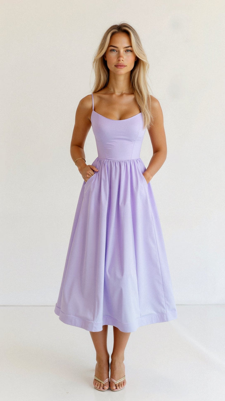 Women's Spaghetti Strap Scoop Neck Gathered A-Line Skirt Dress