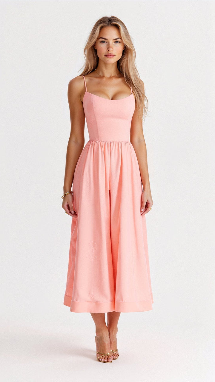 Women's Spaghetti Strap Scoop Neck Gathered A-Line Skirt Dress