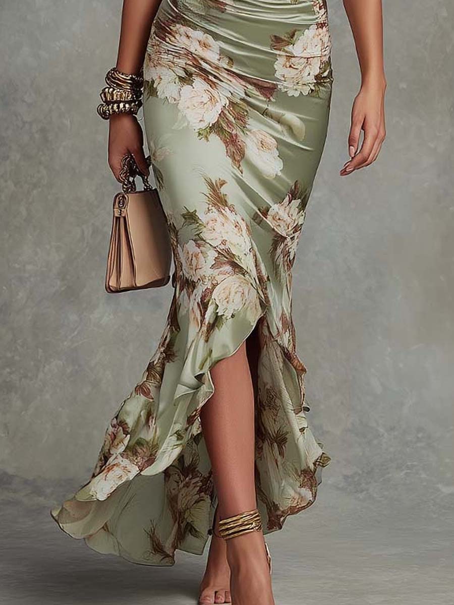 Anna | Long asymmetric green satin dress with a V-neckline