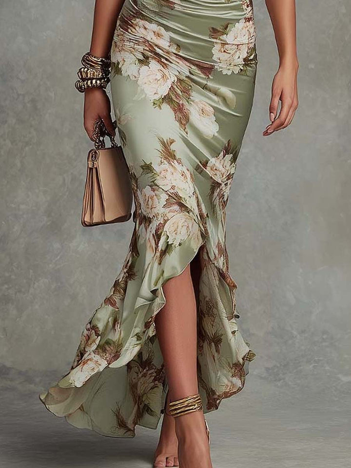 Anna | Long asymmetric green satin dress with a V-neckline