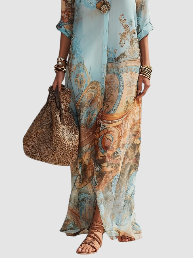 Women's Button Down Printed Maxi Dress