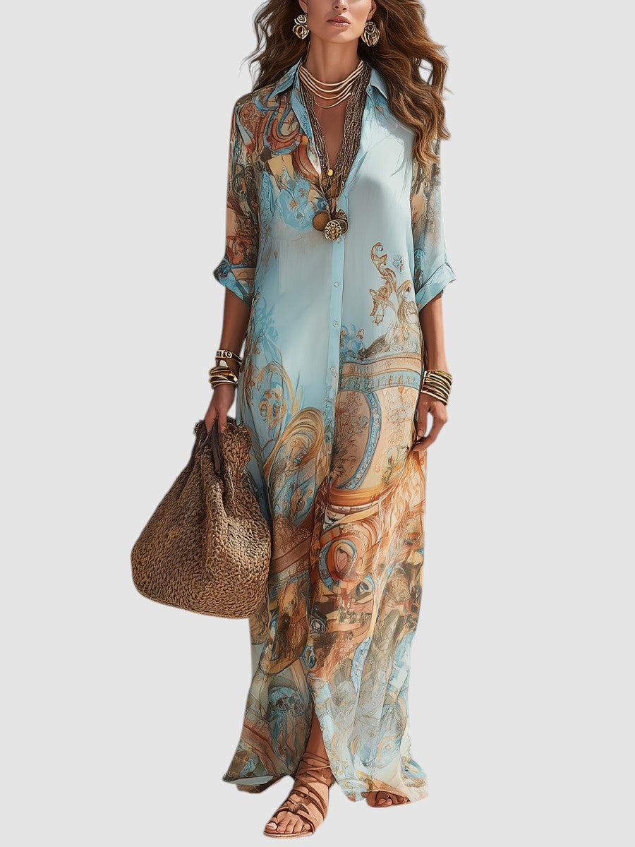 Women's Button Down Printed Maxi Dress