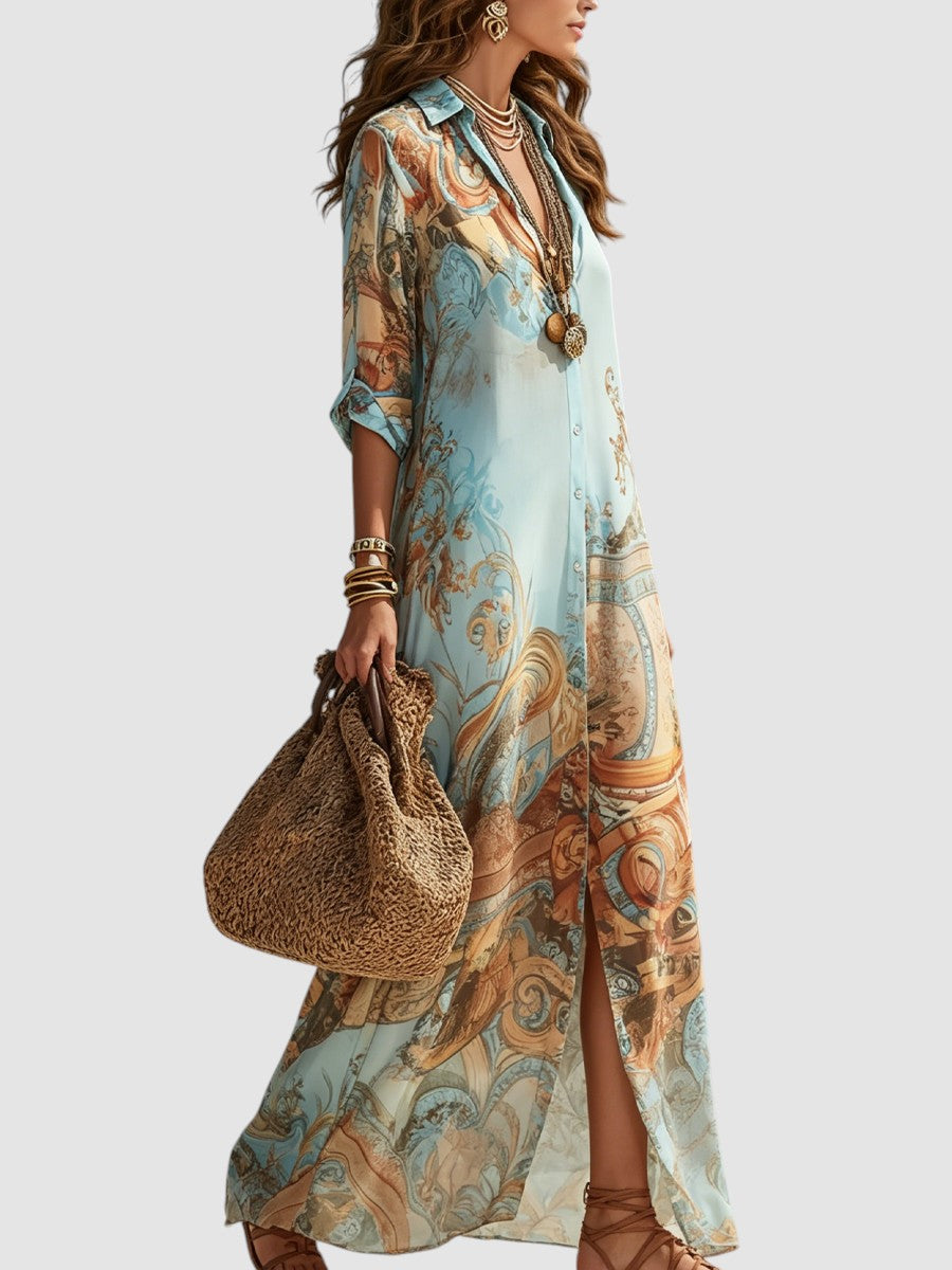Women's Button Down Printed Maxi Dress