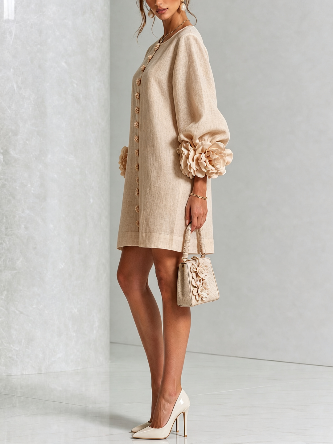 Juniper | Women's Round Neck Mini Dress with Voluminous Sleeves