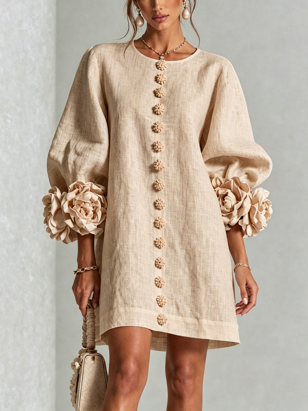 Marguerite | Women's Floral-Cuff Button Mini Dress
