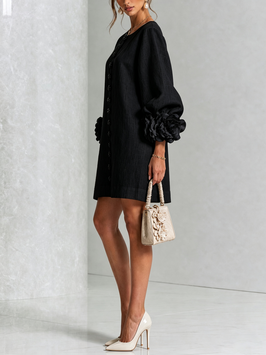 Rosamund | Women's Floral-Cuff Button Mini Dress