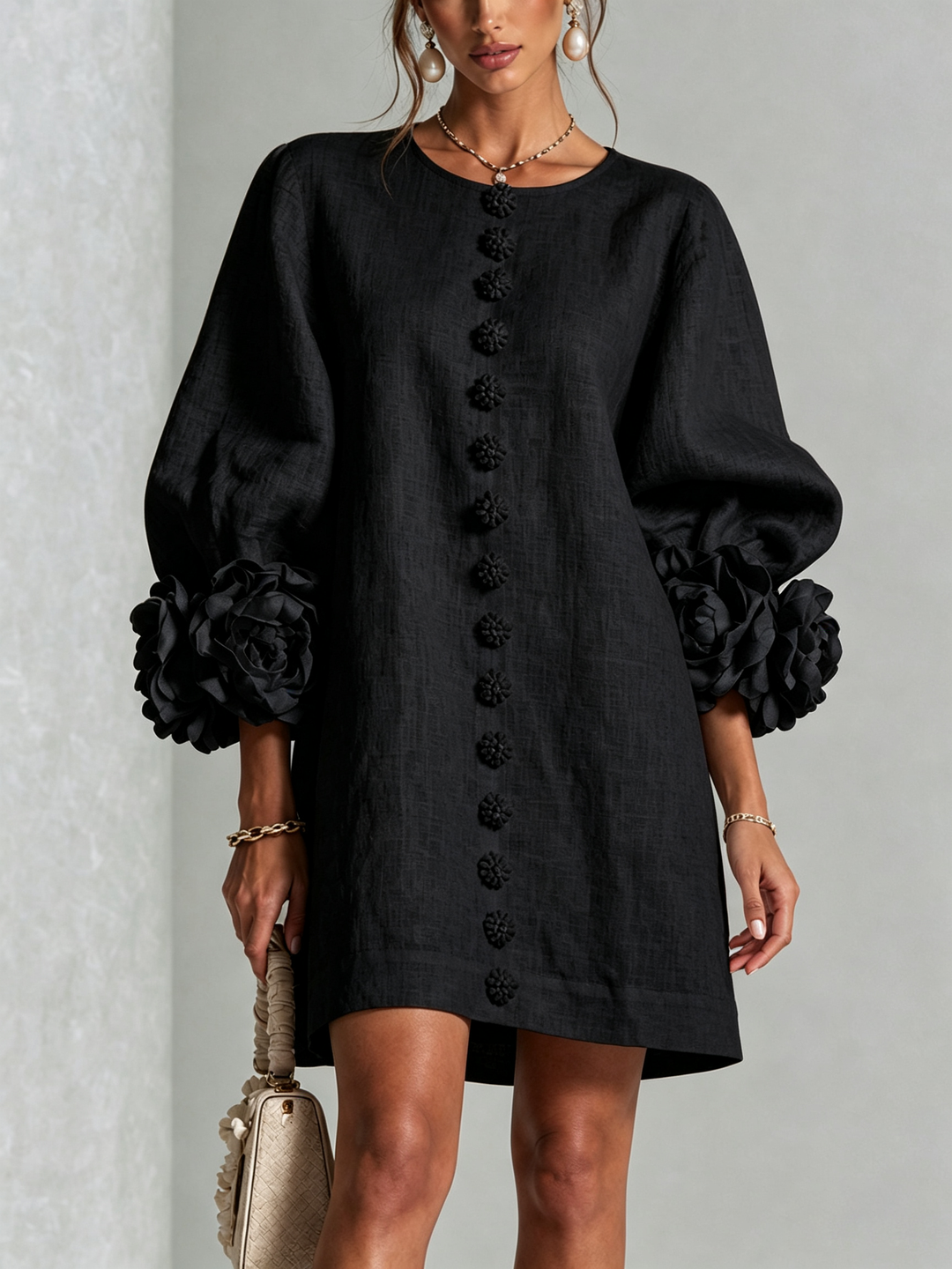 Juniper | Women's Round Neck Mini Dress with Voluminous Sleeves