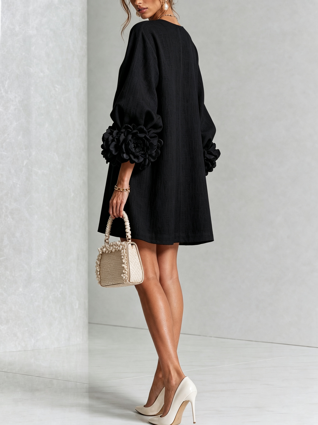 Juniper | Women's Round Neck Mini Dress with Voluminous Sleeves