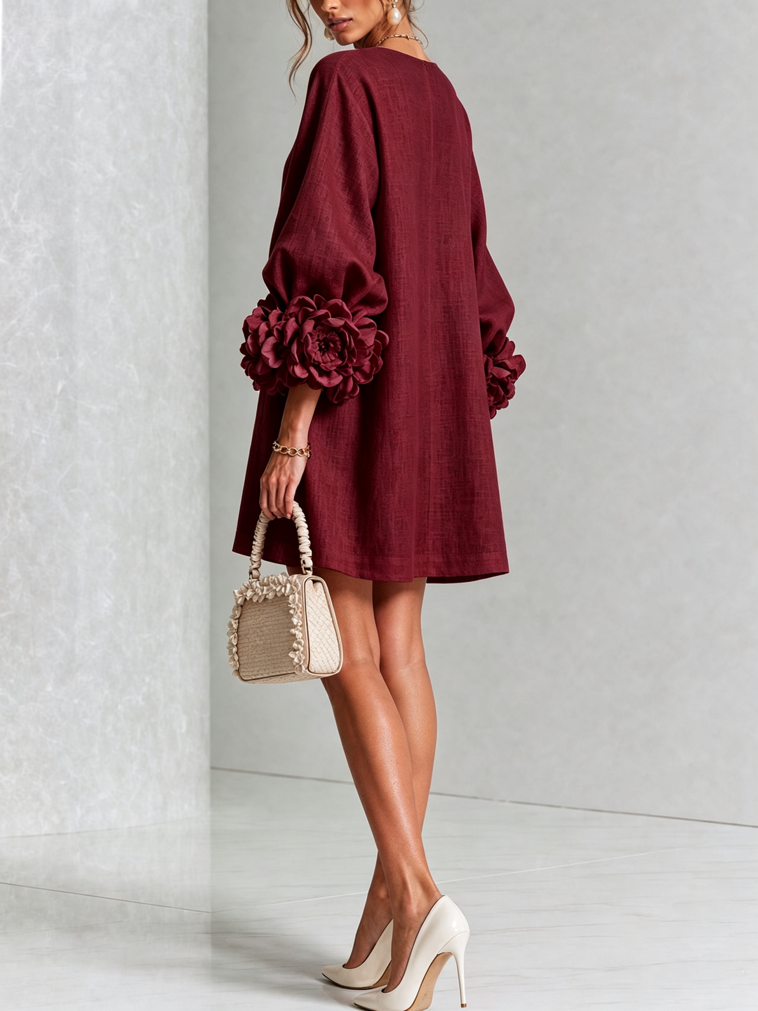 Juniper | Women's Round Neck Mini Dress with Voluminous Sleeves
