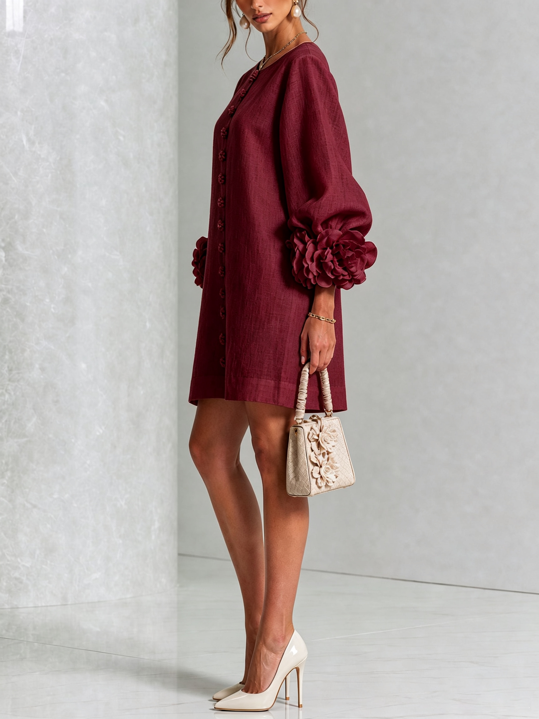Juniper | Women's Round Neck Mini Dress with Voluminous Sleeves